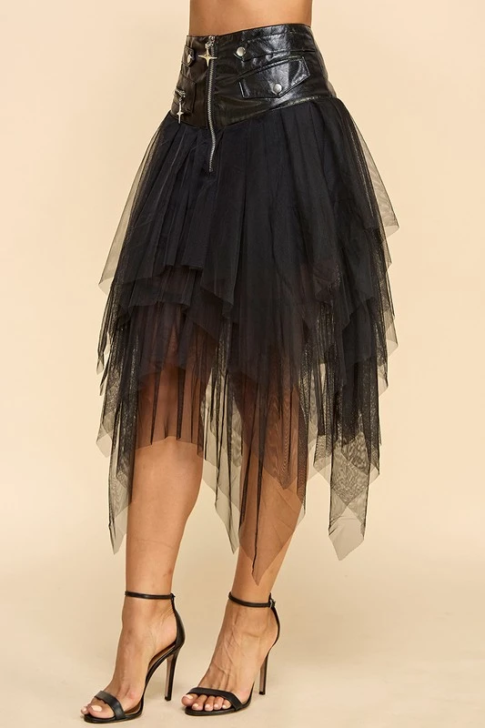 Women's Punk Style Stitching Mesh Skirt High Waist Leather Stitching Irregular Skirt Nightclub Party Hot Sale