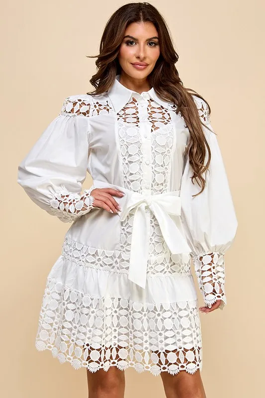 Ladies' Casual Floral Embroidery Short Dress With Lace Trim Natural Waist Woven Weaving Method Button Decoration