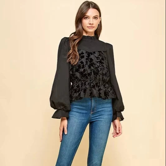 Women's Black Floral Velvet Blouse-loose Fit Woven Fabric Stand Collar Puff Sleeves Simple Design For Daily Life