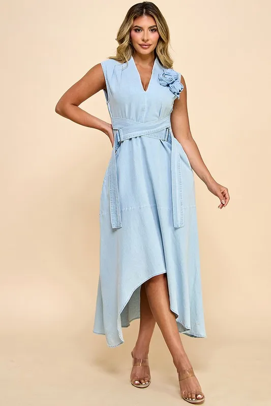 Women's Casual Asymmetric Maxi Denim Dress Summer Sleeveless Flower Detail Belted Waist Washed Technique For Brunch Gatherings