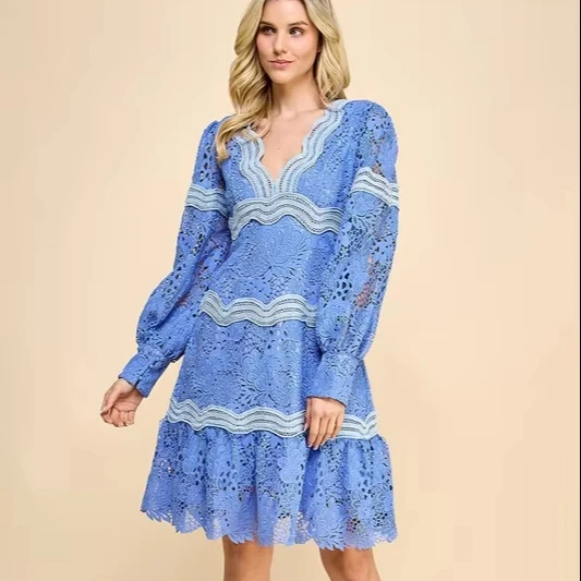 Elegant Ladies Dress With V-neck Lace Solid Pattern And Puff Sleeves Sweet Style Natural Waistline For Parties