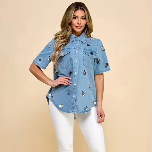 Ladies' Embellished Shirt With Artificial Moles And Hand-sewn Sequins, Fashionable Short-sleeve Denim Shirt