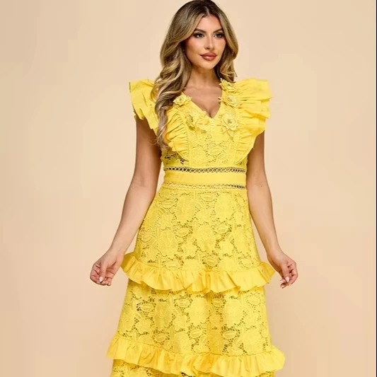 Women's Tiered Ruffle Lace Dress - V - Neck, Layered Frills, Ideal For Garden Parties