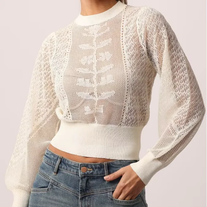 Women's White Hollow Sweater Long Sleeve Top-front Floral Embroidery, Bubble Sleeves, Suitable For Casual Going Out