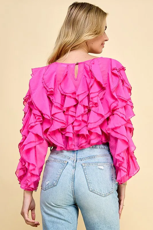 Autumn Tencel Blouse, Romantic Ruffled Cropped Top-suitable For Relaxed Parties And Everyday Wear