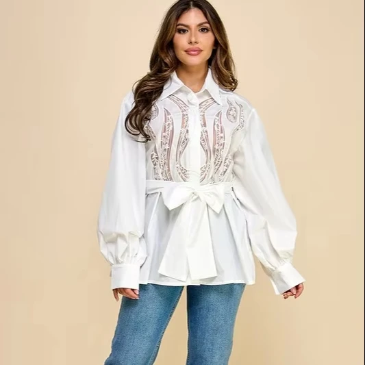 Ladies' Sheer Waist Tie Blouse With Embroidered Front Long Casual Summer Office Wear Woven Decorative Blouse