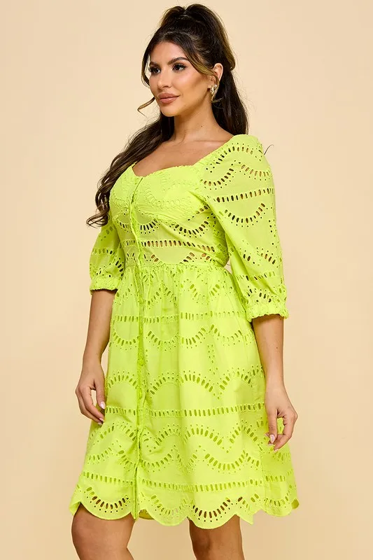 Ladies' 100% Cotton Casual Comfortable Dress With Natural Waistline Woven And Embroidered Mesh