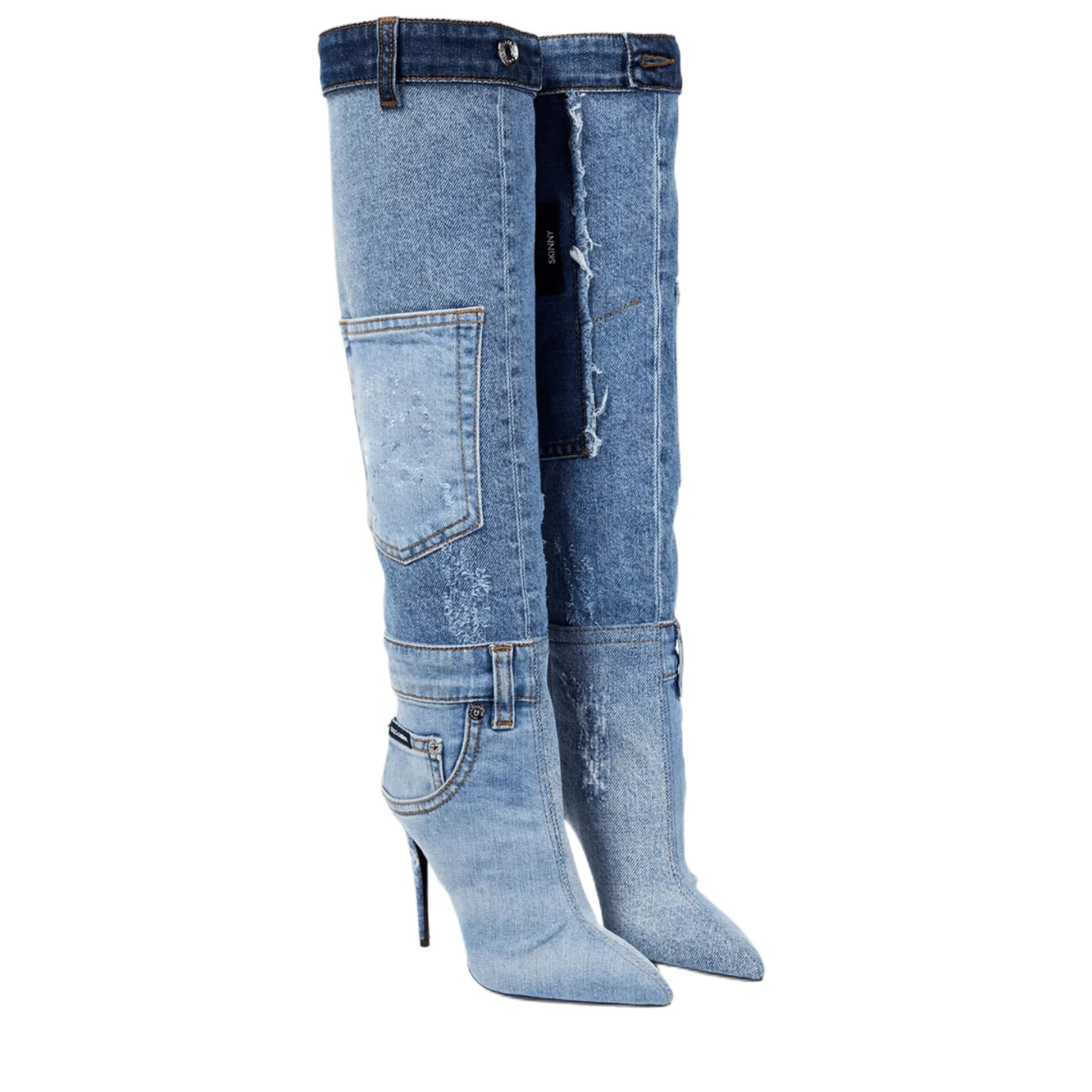 2023 Autumn Winter High Heeled Cowboy Boots Washed Pocket Sexy Party Denim Women Over The Knee High Boots