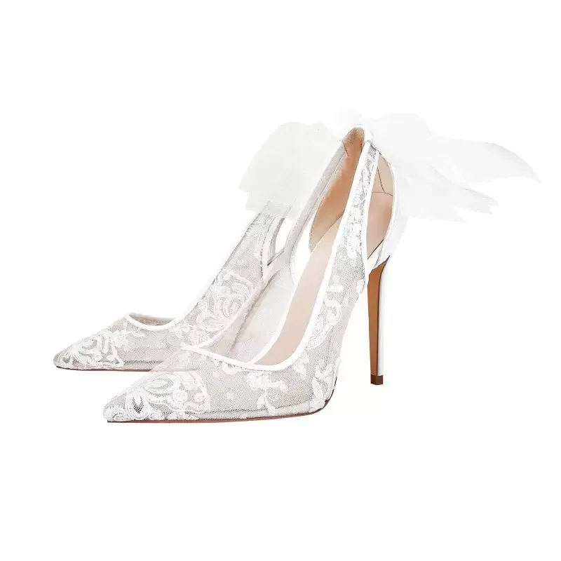 Ladies Bride Shoe Pointed Toe Stiletto Wedding Shoes Big Size 45  White Lace Flower 10 Cm Heel Women's Wedding Shoes
