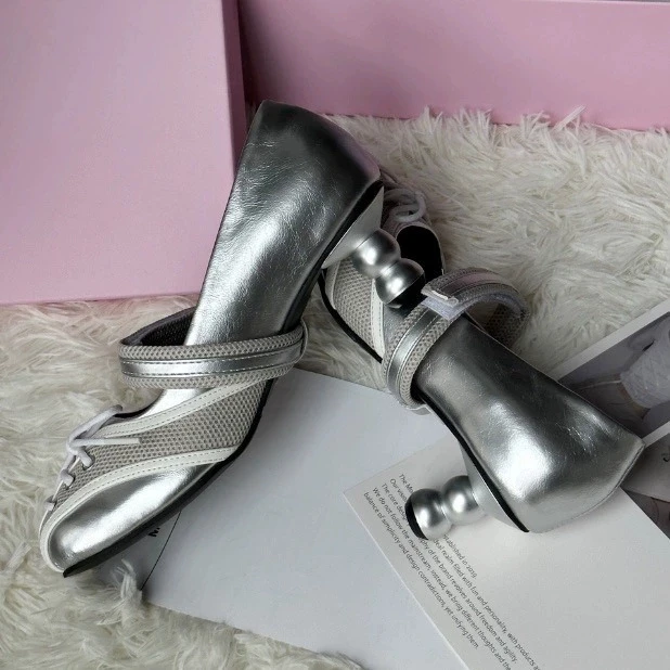 Silver Ballet Sports Style Outdoor Mary Jane Casual Shoes Girls Square Toe Thin High Heel For Women