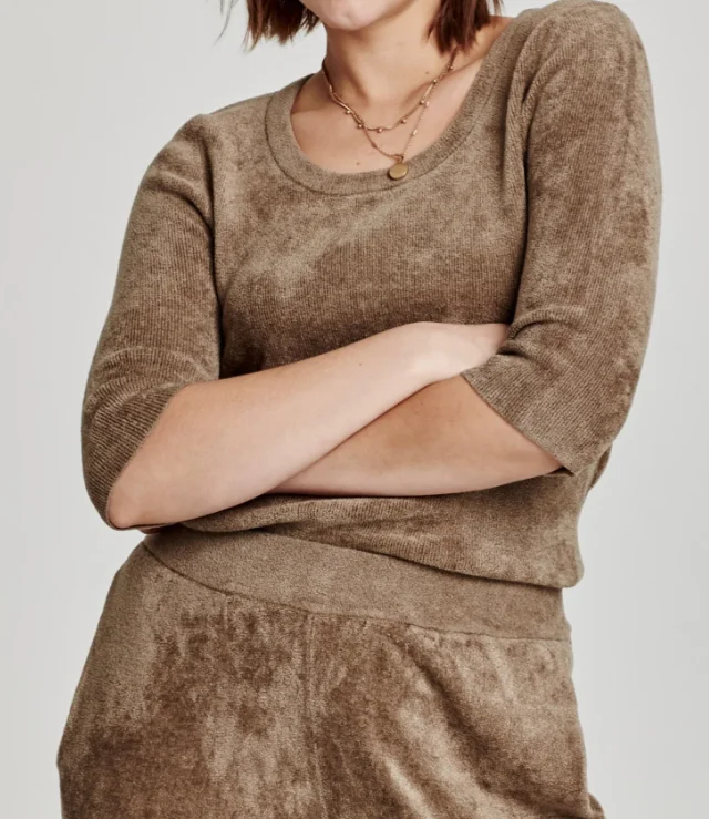 Women's Autumn Taupe Velvet Plush Sweater Crew Neck Half Sleeve Breathable Casual Wear Viscose/nylon