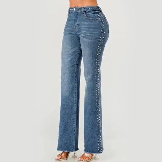 Ladies' Plus Size Rivet Fashion Denim Pants Flare Baggy Boyfriend Jeans Rhinestone Xl Size Print Pattern Ripped Holey Skinny