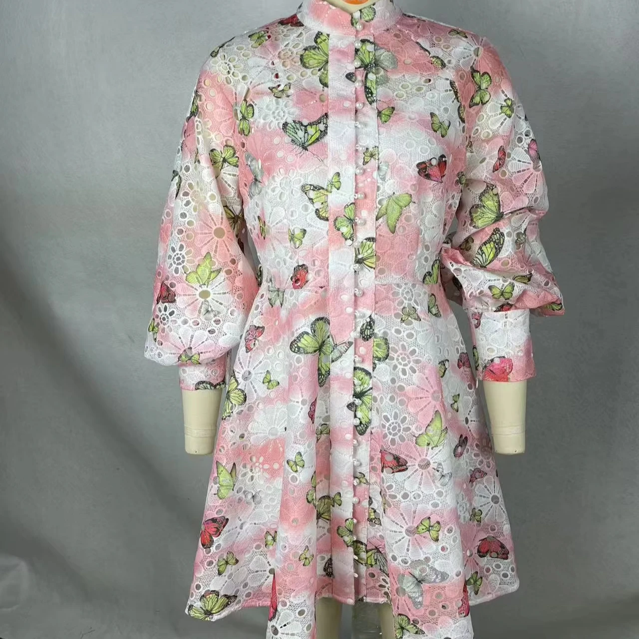 Beautiful Knee-length Dress Embroidered Floral Patterns Butterfly Prints Woven Digital Printing Button Decoration Natural