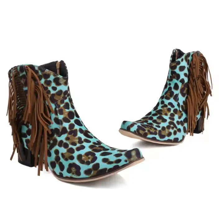 Big Size 35-50 Ladies Cowboy Ankle Tassel Boots 5cm Block Heel Women Horse Riding Western Fringe Boots