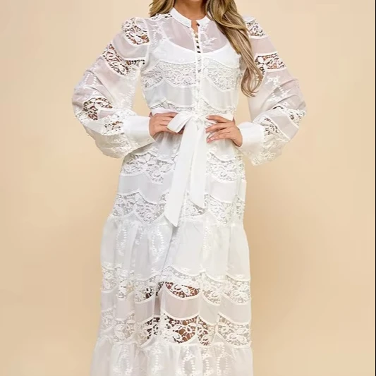 Ladies White Lace Dress With Perspective Lantern Sleeves Lace Waist Button Decoration Sweet Style For Commuting Shopping Travel