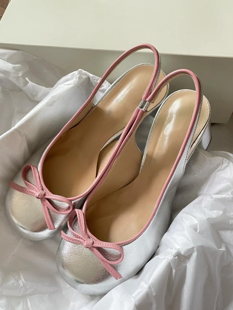 Fashion Ladies Sheep Leather Silver Slingback Pumps Round Toe Elegant Chunky Heels Women High Heels