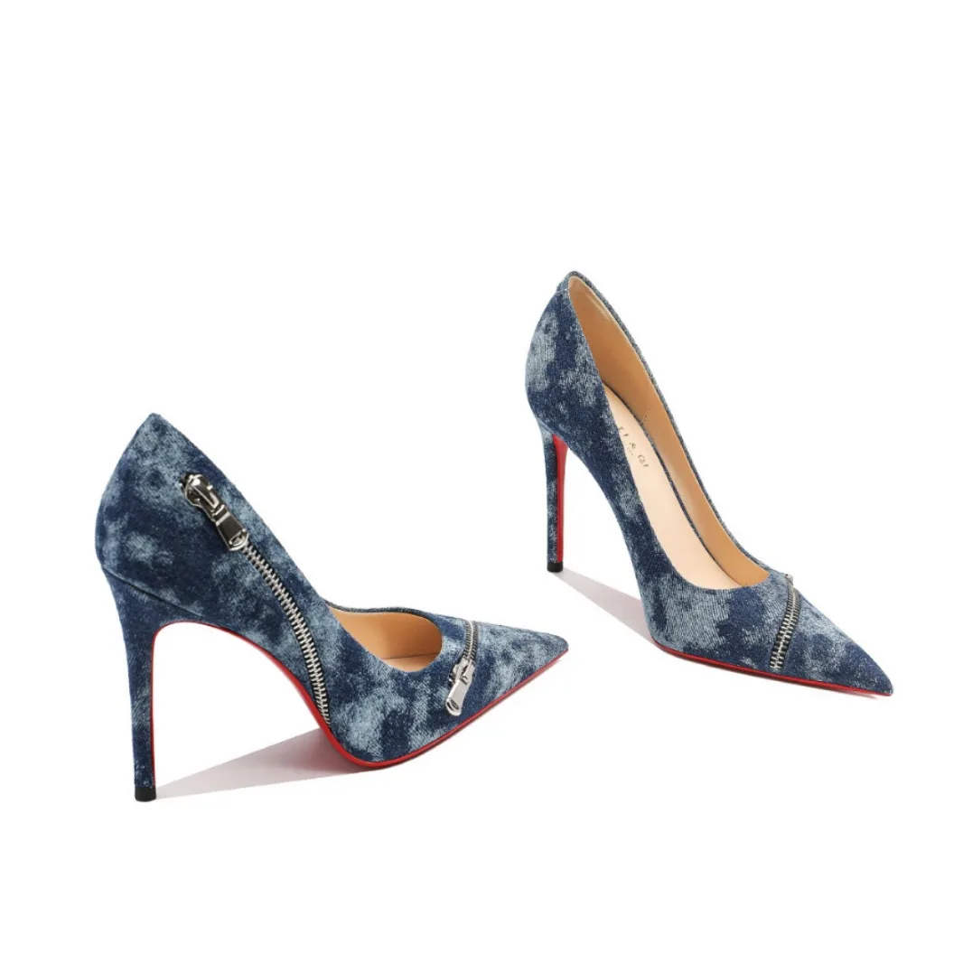 Fashion Women Shoes Pointed Toe Dress Shoes Decoration Blue Denim Ladies High Heel Pumps