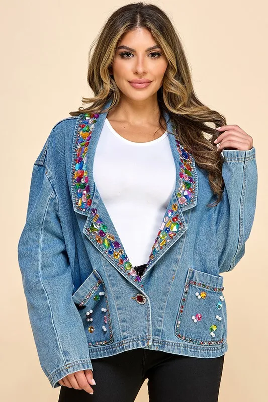 Women's Loose Denim Coat Coat Casual Street Dress Embroidery 3d Rhinestone Craft Autumn And Winter