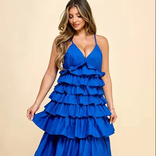 Dresses Women Lady Elegant With V-neck And Tiered Ruffles Sleeveless For Galas - Blue Dress