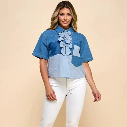 Casual Short-sleeve Ladies' Denim Shirt With Patchwork Stripes And Bow Decor Washed Technique For Summer Use