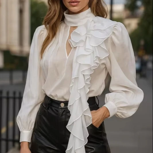 Women's Woven Simple High-neck Transparent Pleated Flower Ruffle Lantern Sleeves Top 100% Polyester