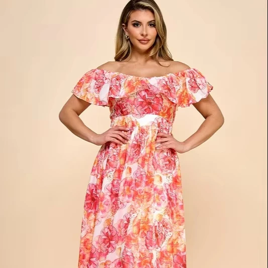 Women's Sweet Floral Off-shoulder Maxi Dress With Ruffled Neckline And Tiered Skirt Digital Printed Woven For Beach Vacations