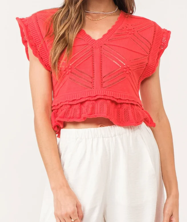 Cotton Girl's Red Crochet V-neck Short Sleeveless Top With Ruffled Hem For Leisure Knitwear For Women