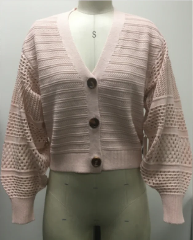 Lady's Pink Striped V-neck Long-sleeved Sweater With Open Sleeves Daily Wear Women's Sweater