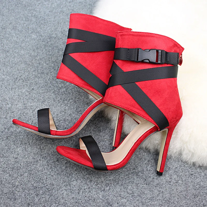 Red Stiletto Fish Mouth Sandals Shoes Women's Woven Buckle Strap High Heel Sandals