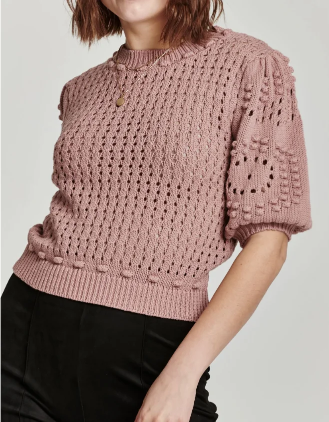 Women's Cinnamon Powder Craft Crochet Neck Short Sleeve Crop Top With Hollow Details Bubble Sleeves For Daily Commuting Sweaters
