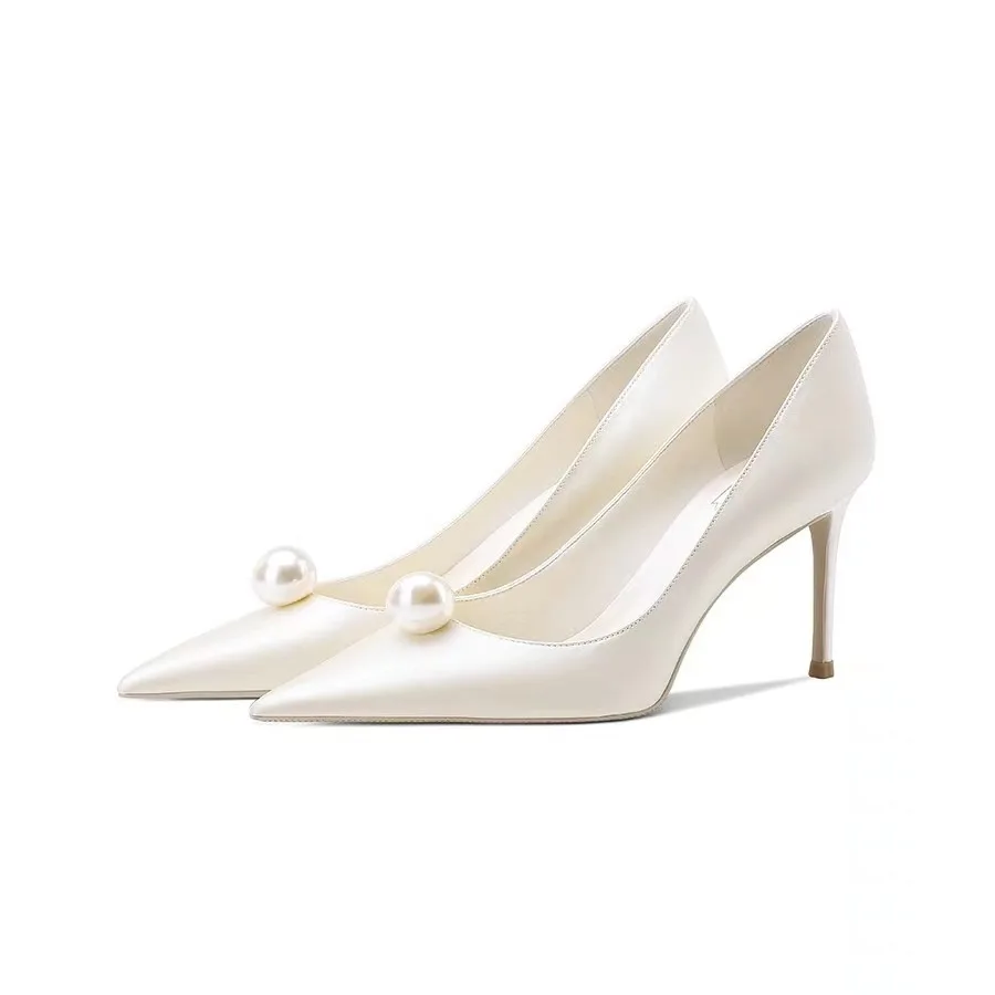 Plus Size Bridal Shoes Pointed Toe White Red Satin High Heeled Slip On Women Pearl Wedding Pumps Shoes Party