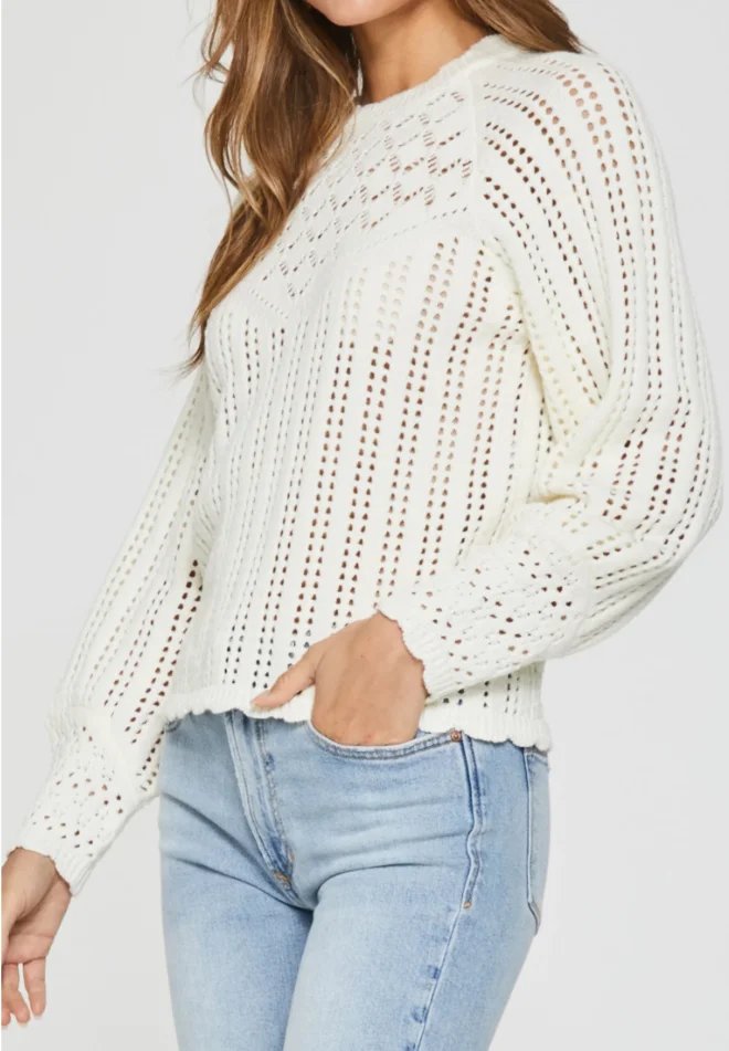 Women's Stylish White Openwork Sweater With Balloon Sleeves Scalloped Hem Geometric Pattern Great For Light Gatherings In Spring