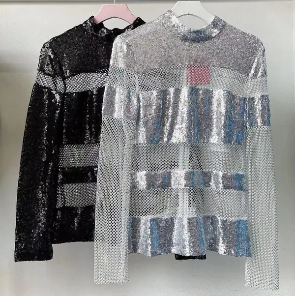 Women's Y2k Retro Hot Girls Style Top With Shining Sequins Mesh Stitching Stand Collar Design-for Night Shop Music Festivals