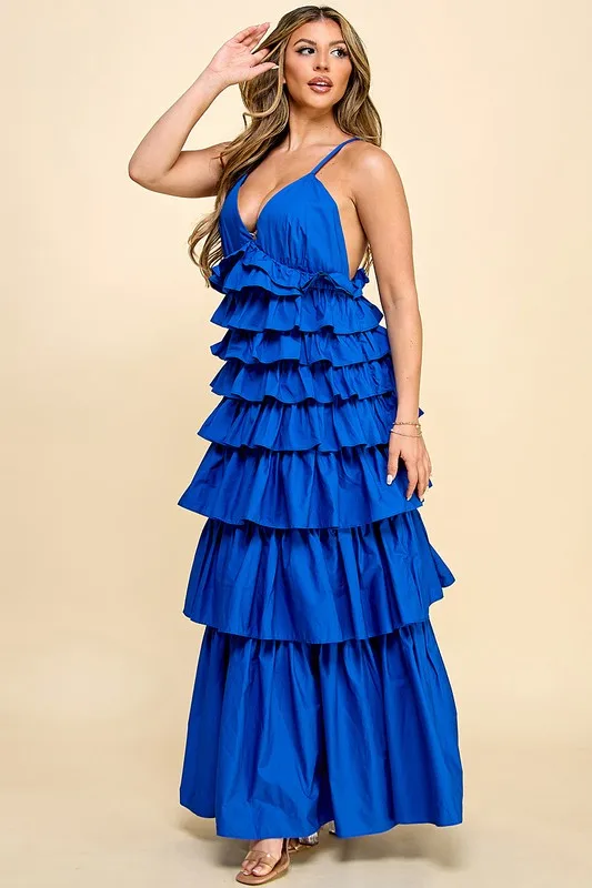 Dresses Women Lady Elegant With V-neck And Tiered Ruffles Sleeveless For Galas - Blue Dress