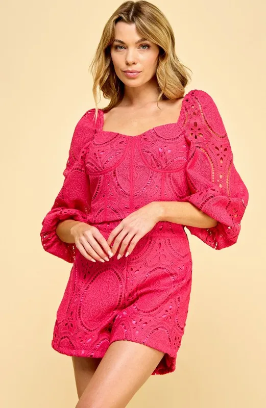 Women's Elegant Lace Eyelet Two-piece Set Casual Style Short Tops Zipper Skinny Square Neck For Special Occasions Puff Sleeves