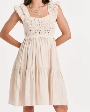 Women's Beige Sweater Stitching Comb Layered Dress-ruffled Shoulder Strap, Square Collar, Suitable For Casual Going Out