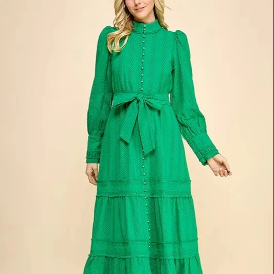 Elegant Vintage 100% Cotton Embroidered Long Dress Natural Waistline Woven Weave Lace Decoration