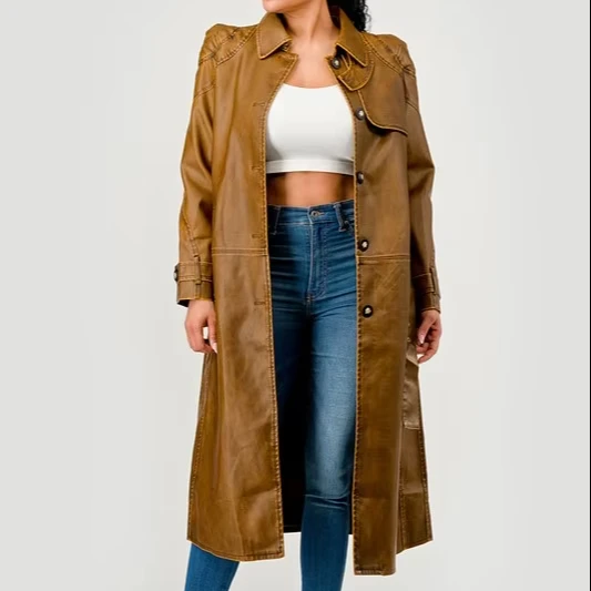 Women's Long Vintage Retro Chic Pu Trench Coat With Belted Waist Structured Shoulders & Polyester Lining