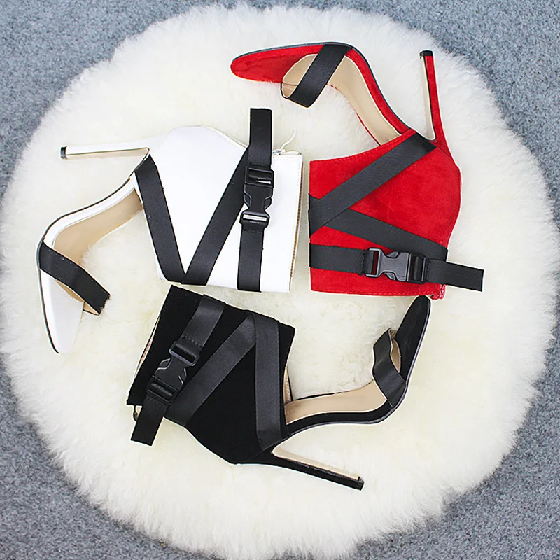 Red Stiletto Fish Mouth Sandals Shoes Women's Woven Buckle Strap High Heel Sandals