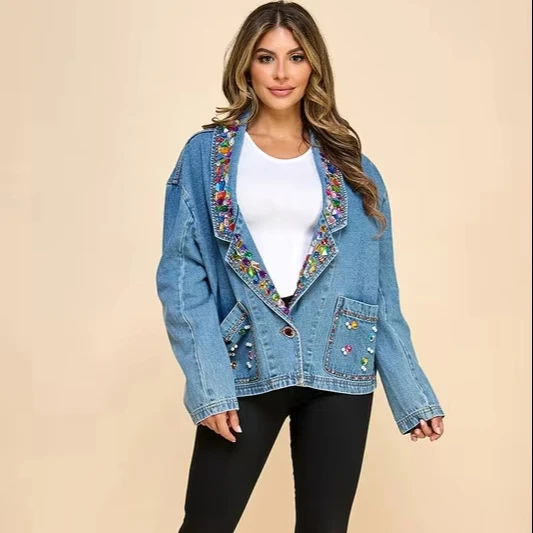 Women's Oversized Wash Denim Jacket With Colorful Crystal Deep V-neck Casual Style For Stylish Parties For Autumn And Winter