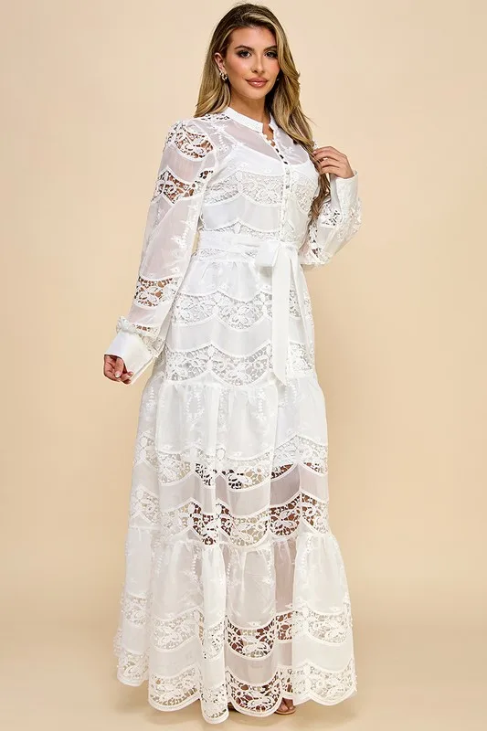 Ladies White Lace Dress With Perspective Lantern Sleeves Lace Waist Button Decoration Sweet Style For Commuting Shopping Travel