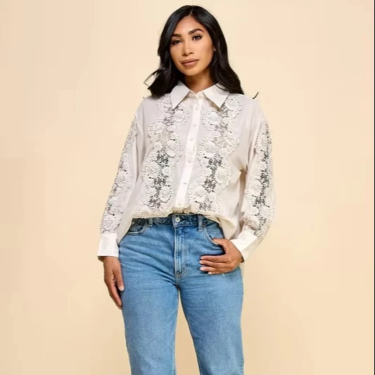 Ladies' Lace Cut-out Pearl Embellished Elegant Blouse