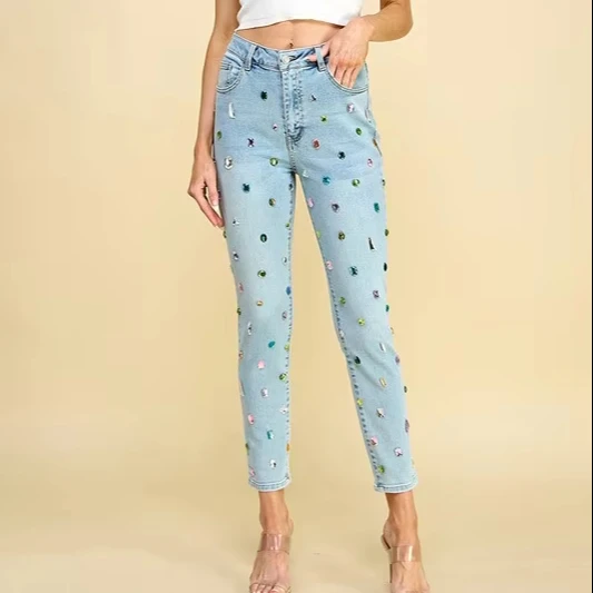 Ladies' Full-coverage Color Diamond Leisure Fashion Jeans