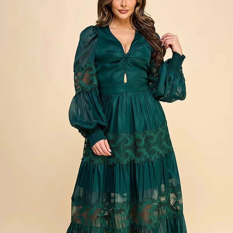 Elegant Ladies' Long Chiffon Lace Dress Natural Waistline Woven Weaving Method Plain Dyed