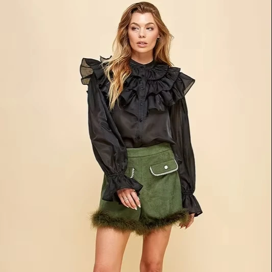 Women's Sexy Long Button Woven Ruffled Shirt Collar See-through Blouse For Daily Commuting