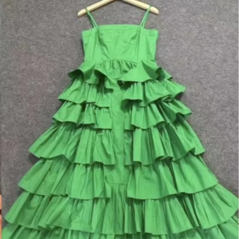 Women's Cute Tiered Maxi Cake Dress - Adjustable Straps, Back Pleats, Sleeveless, Ideal For Garden Parties