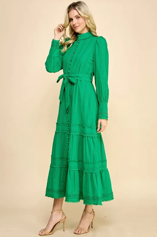 Elegant Vintage 100% Cotton Embroidered Long Dress Natural Waistline Woven Weave Lace Decoration