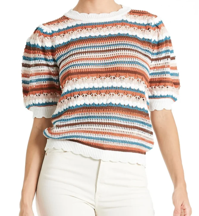 Women's Striped Sweater Hollow Short Sleeve Hook Color Top-bubble Sleeve, Scallop-shaped Edge, Suitable For Casual Going Out