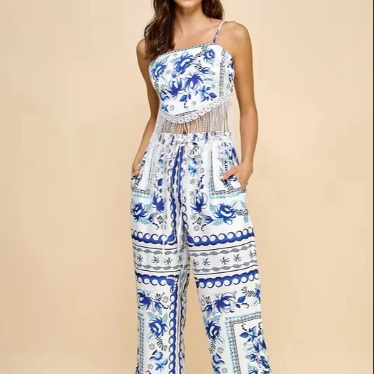 Women's Floral Print Fringe Two - Piece Set - Spaghetti Straps, Wide - Leg Pants, Ideal For Beach Vacations