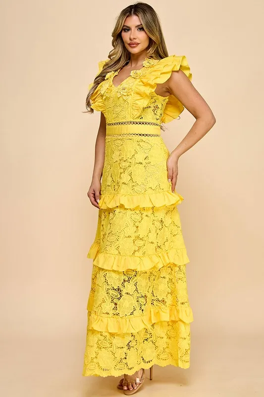 Women's Tiered Ruffle Lace Dress - V - Neck, Layered Frills, Ideal For Garden Parties